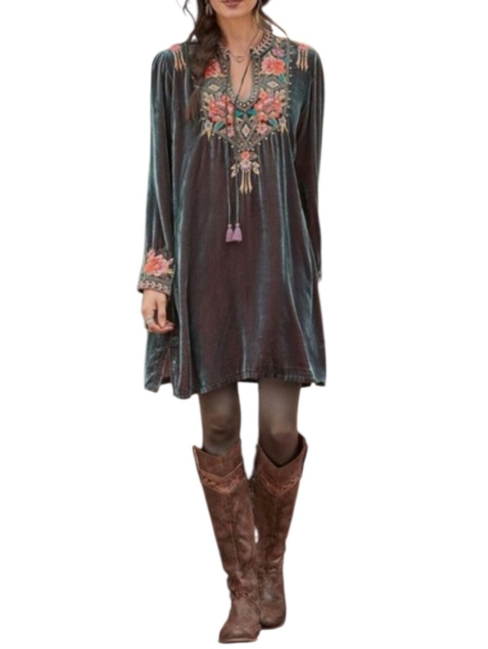 Johnny Was Maeve Velvet Trapunto Tunic in Seo XS Embroidered Velvet Silk Blend